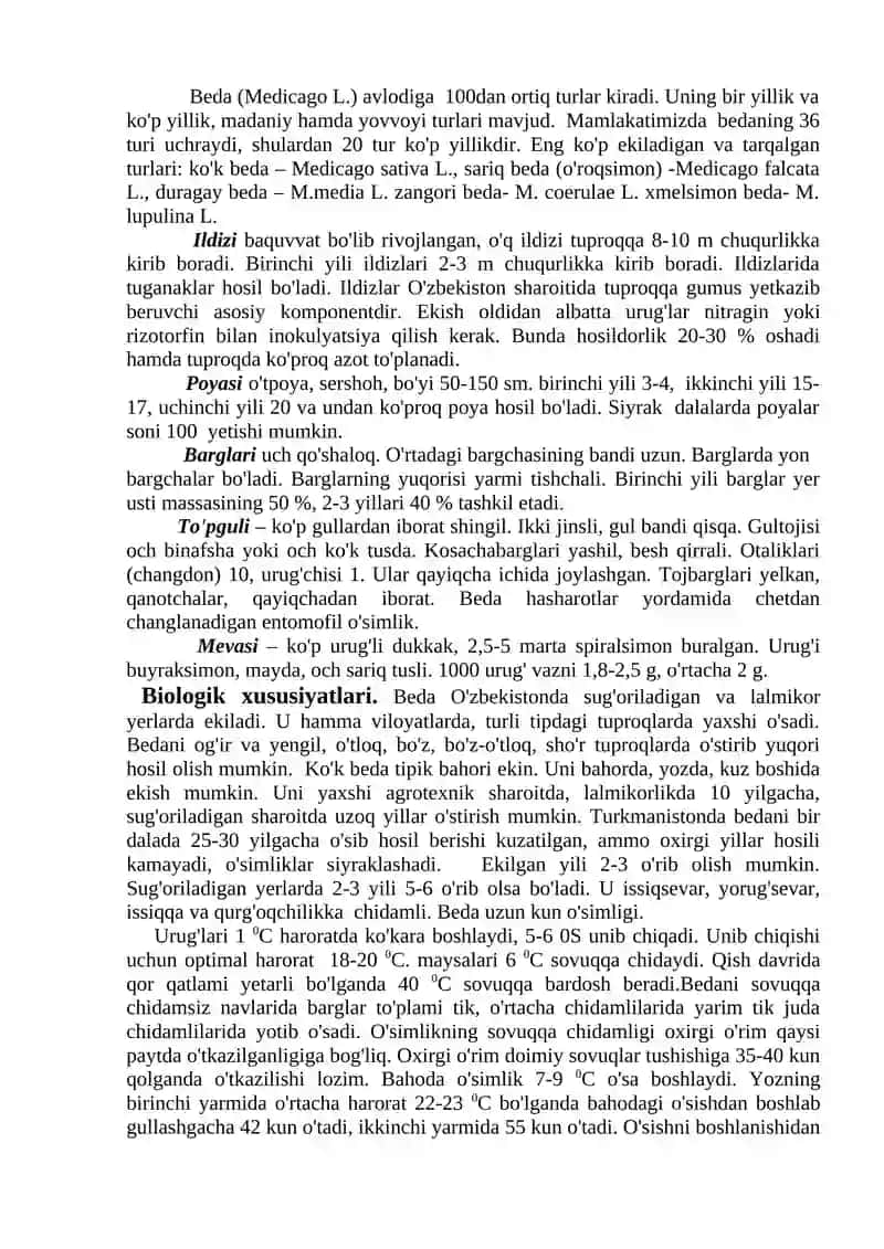 Xashaki o'tlarning. Beda o'simligining ahamiyati yetishtirish agrotexnikasi 4