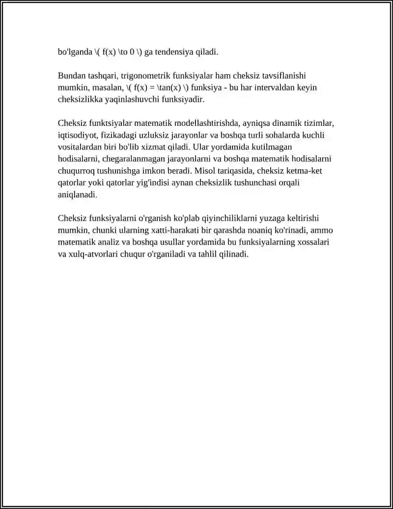 CHEKSIZ KATTA FUNKSIYALAR MUSTAQIL ISH 4