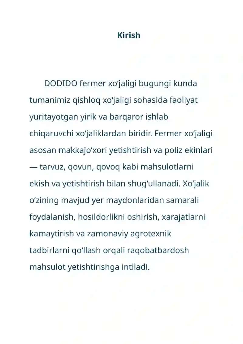 DODIDO Fermer Xo‘jaligida 1 Oylik Amaliyot Hisoboti 4
