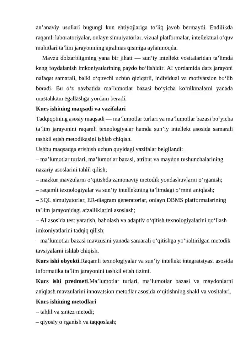 Ma’lumotlar turlari va bazasi, maydonlarni aniqlash” mavzusini o‘qitish metodikasi 4