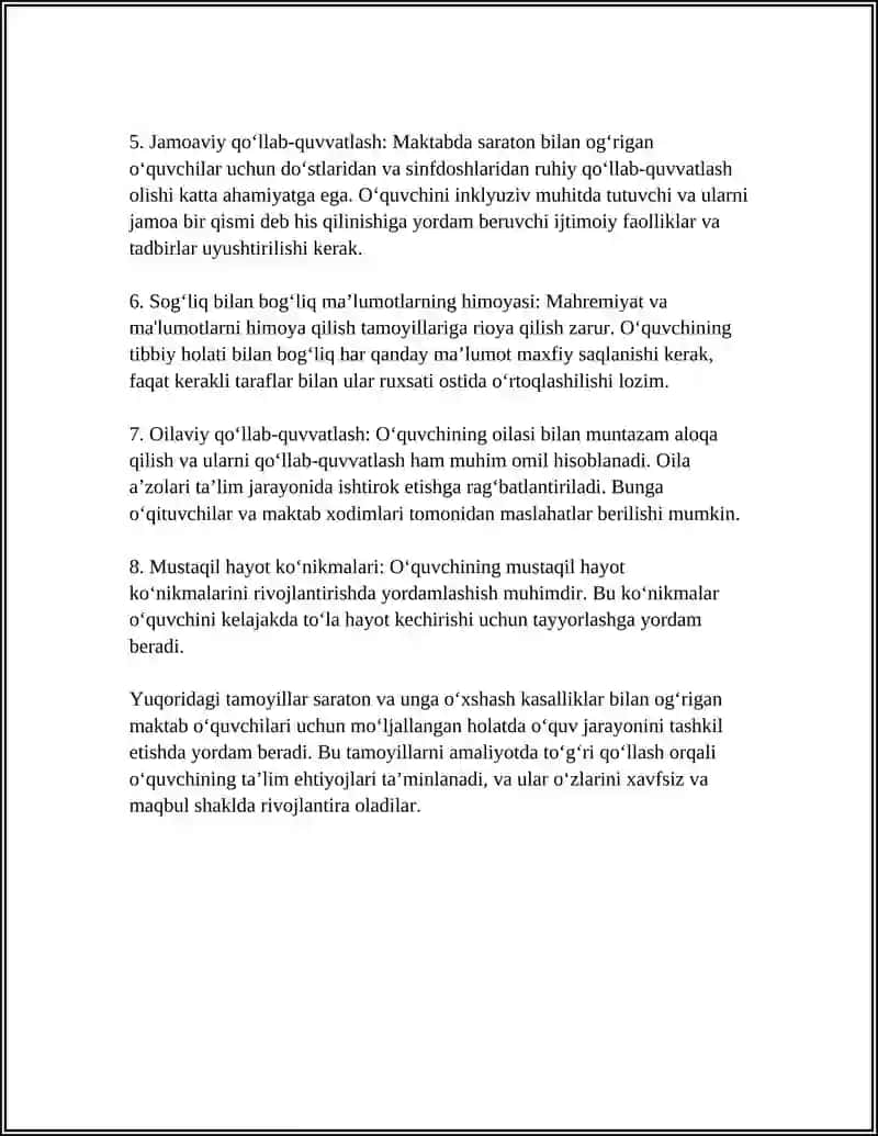 SARATON(MIYA SHISHI, GEMATOLOGIK VA AUTOIMMUN KASALLIKLARI) BILAN OG'RIGAN MAKTAB O'QUVCHILARI BILAN MASHG‘ULOTLAR O'TKAZISH TAMOYILLARI 4