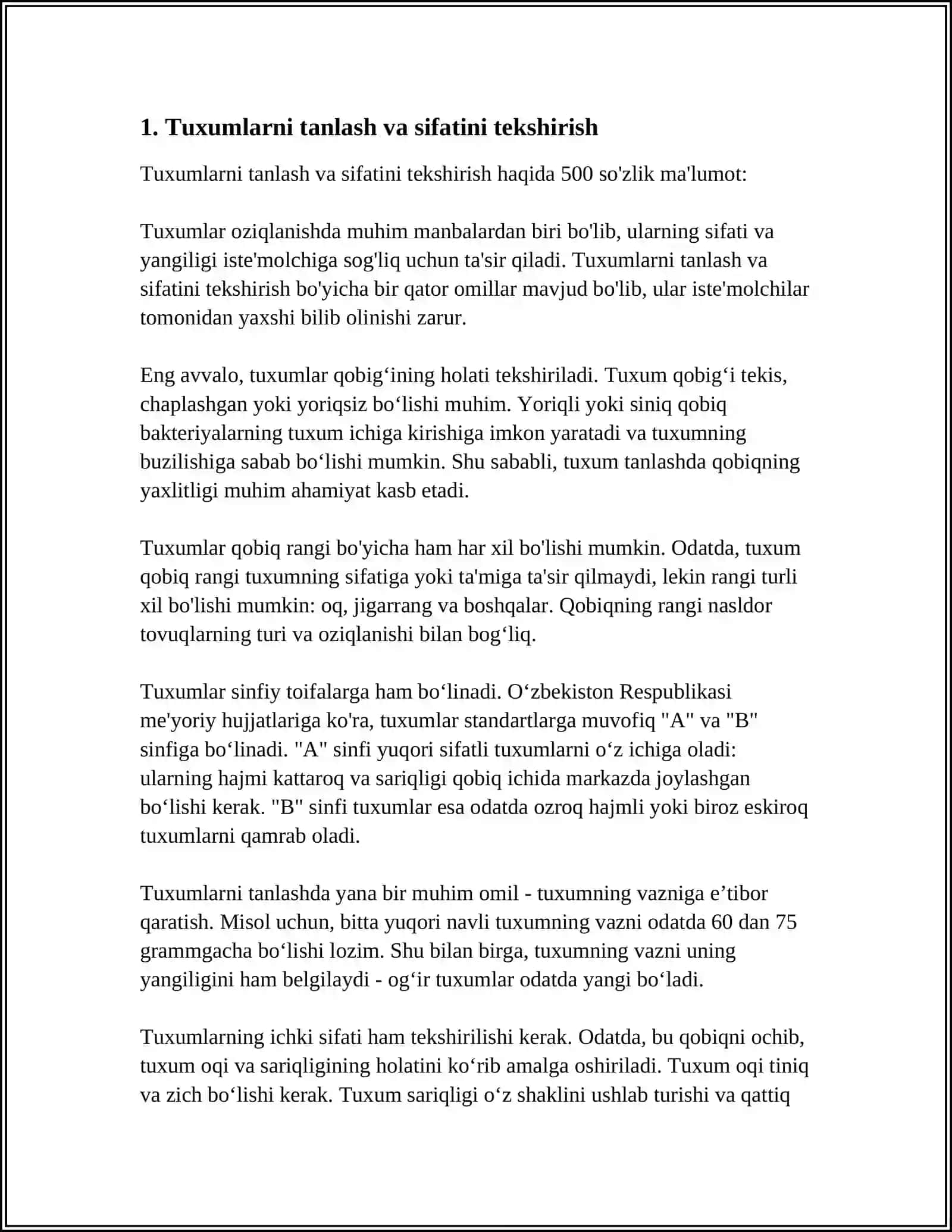 Tuxumlar tanlash va sifatini tekshirish REFERAT 4