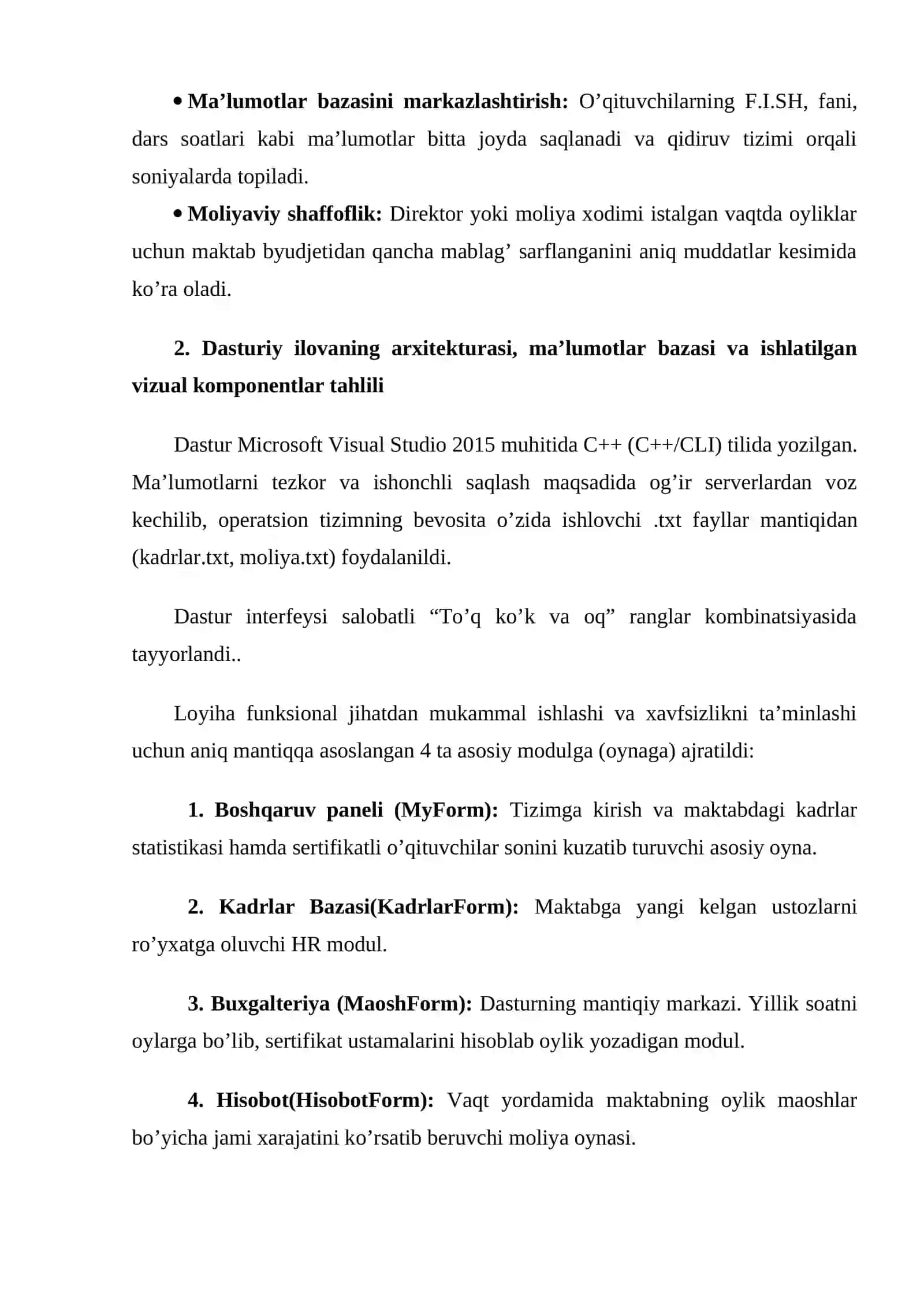 Visual Studio muhitida dasturlash | Kurs ishi - MAKTAB O’QITUVCHILARI HAQIDA MA’LUMOTLAR UCHUN DASTUR ILOVASINI YARATISH 4