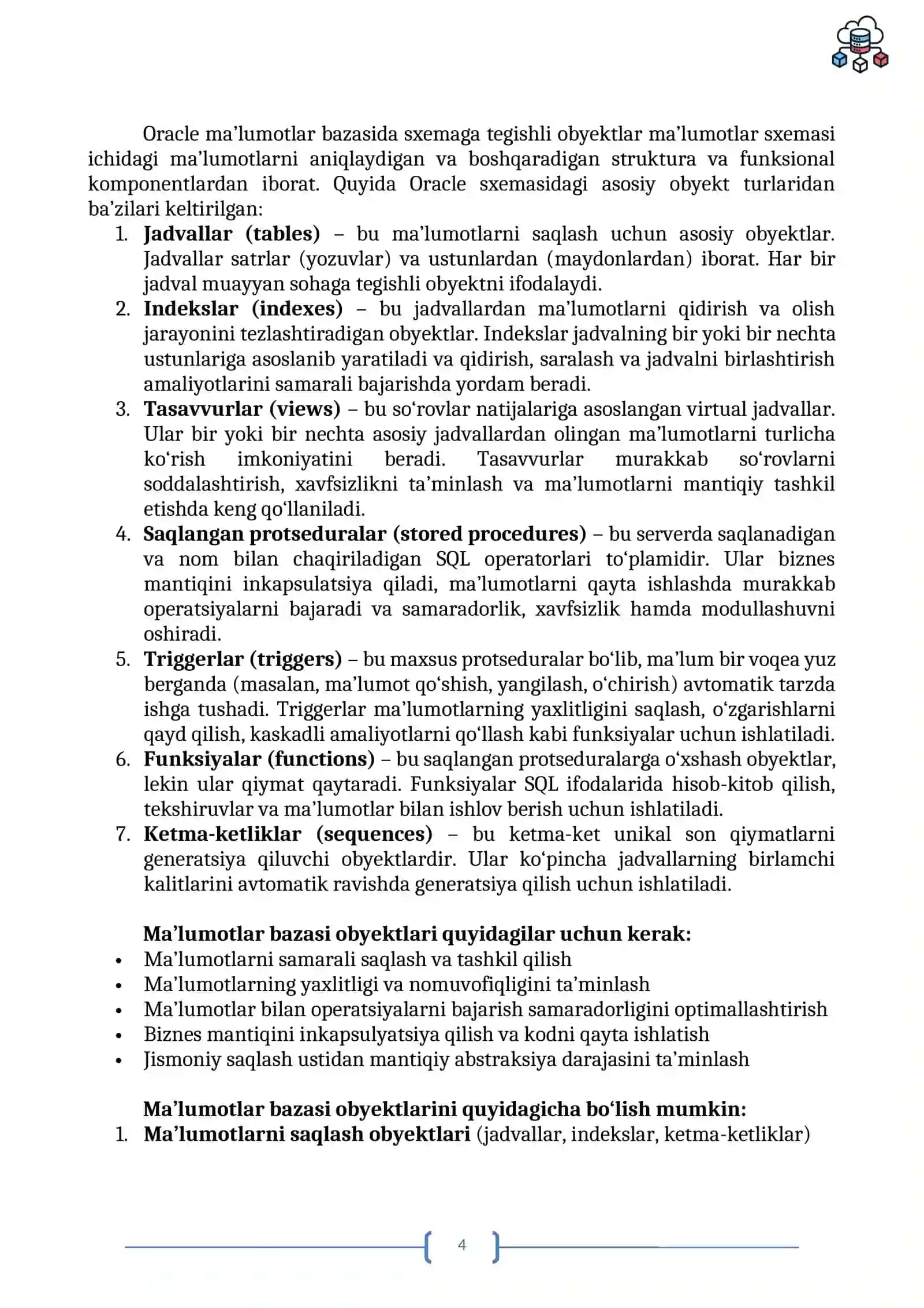 MA'LUMOTLAR BAZASI OBYEKTLARI 4