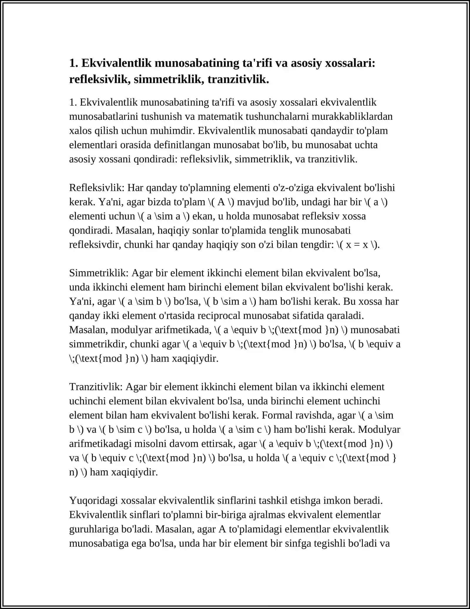 EKVIVALENTLIK MUNISABATINING TOPLAMLARINI SINFLARGA AGRARIAN BILAN ALIASING 4