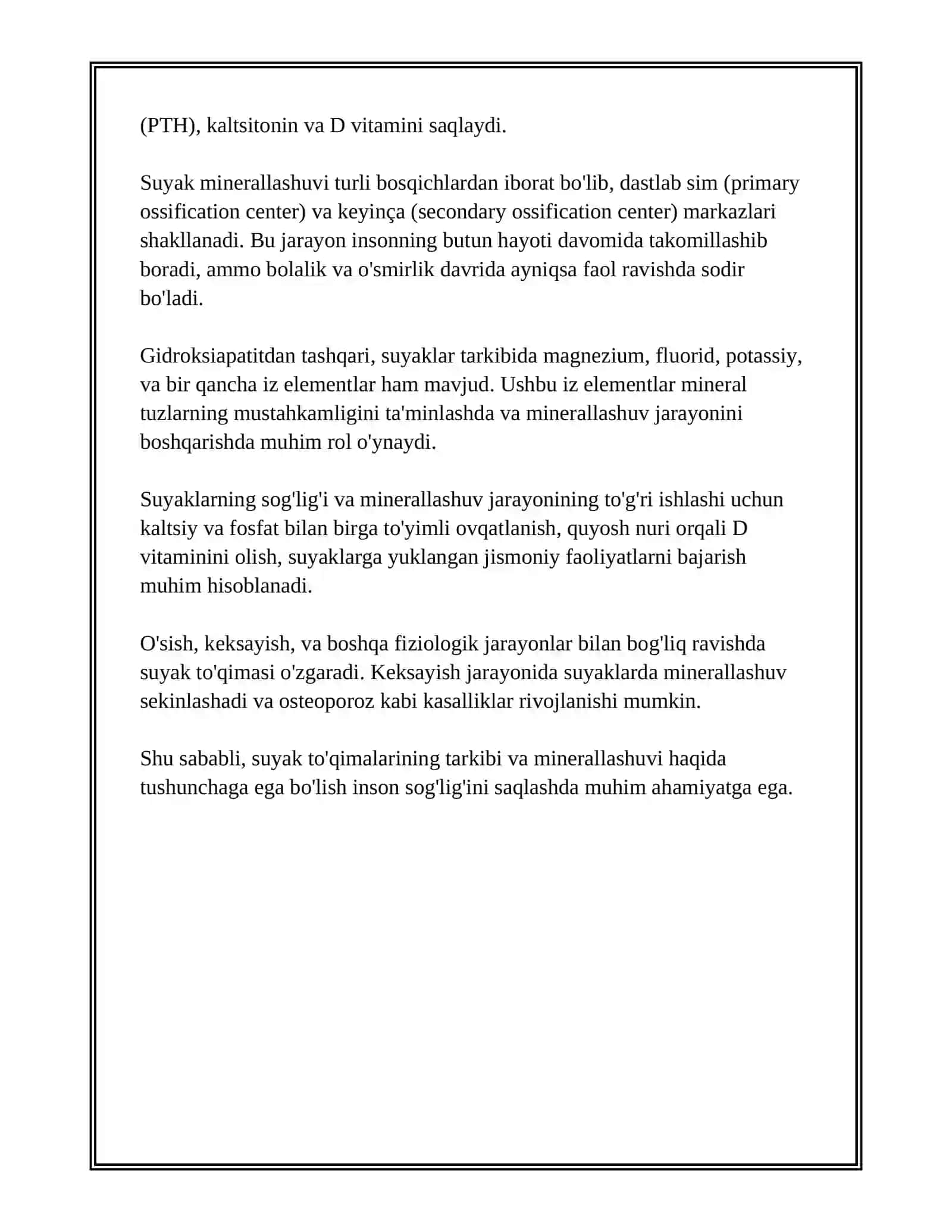 SUYAK TO'QIMALARINING MINERALLASHUVI, UNING TARTIBGA SOLINISHI VA BUZILISHLARI. SUYAK TO’QIMALARINING REGENERATSIYASI VA TRANSPLANTATSIYASI. SUYAKNING O’ZGARISHIGA TASIR QILUVCHI OMILLAR. 4