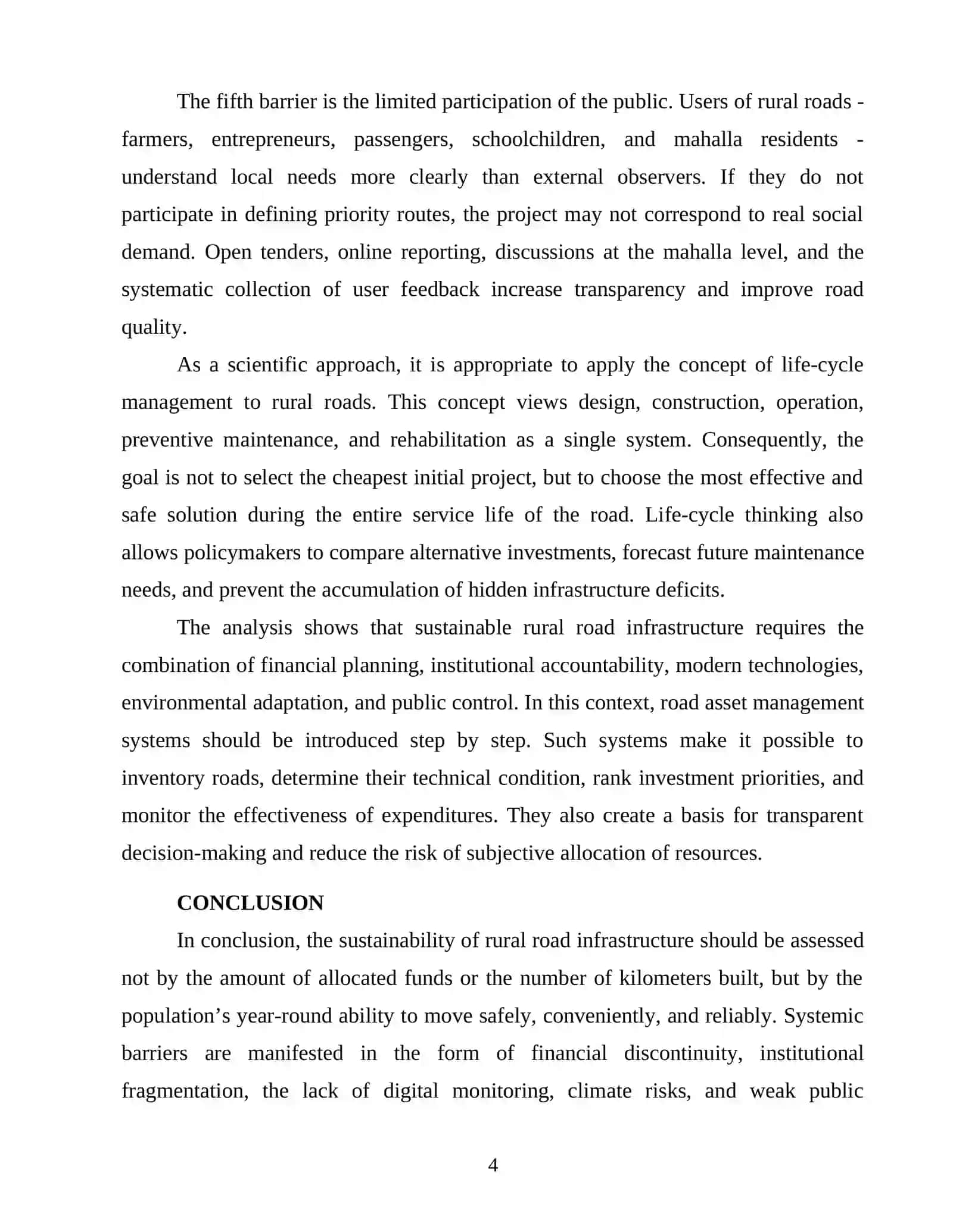 SYSTEMIC BARRIERS TO SUSTAINABLE RURAL ROAD INFRASTRUCTURE 4