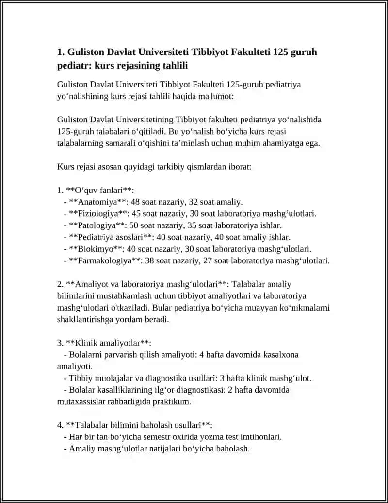GULISTON DAVLAT UNIVERSITETI TIBBIYOT FAKULTETI 125 GURUH PEDIATR 4