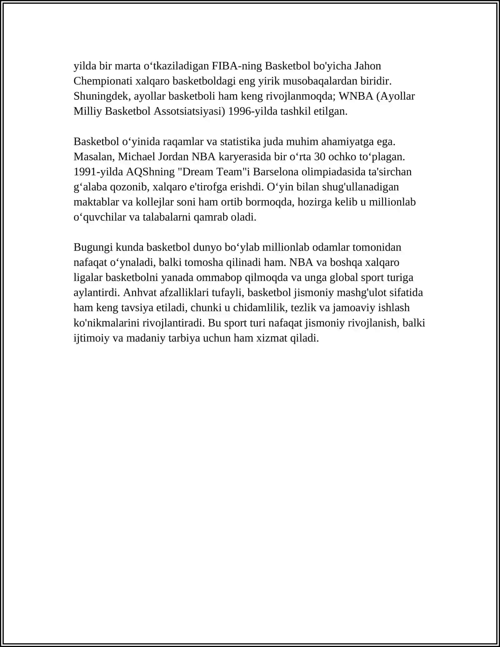 MUSTAQIL ISH Mavzu: BASKETBOL 4