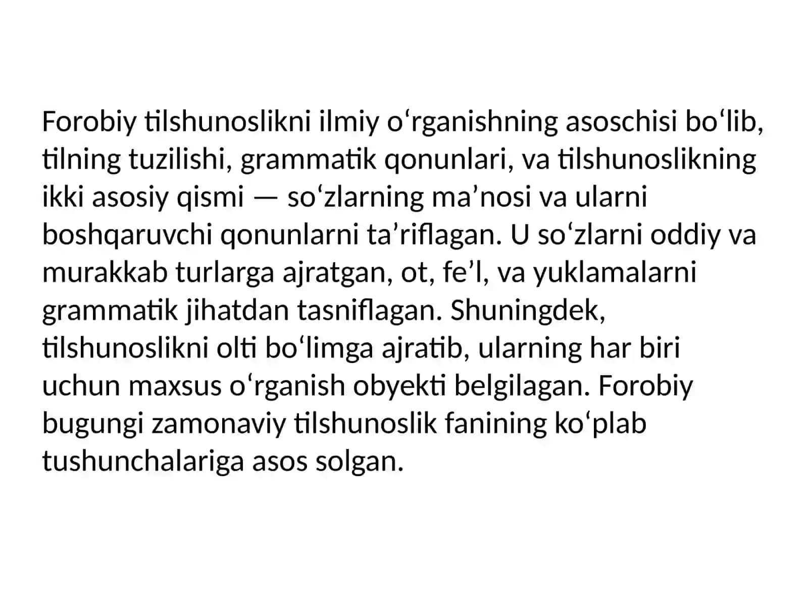 Abu Nasr Forobiyning tilshunoslikka qoʻshgan hissasi 4