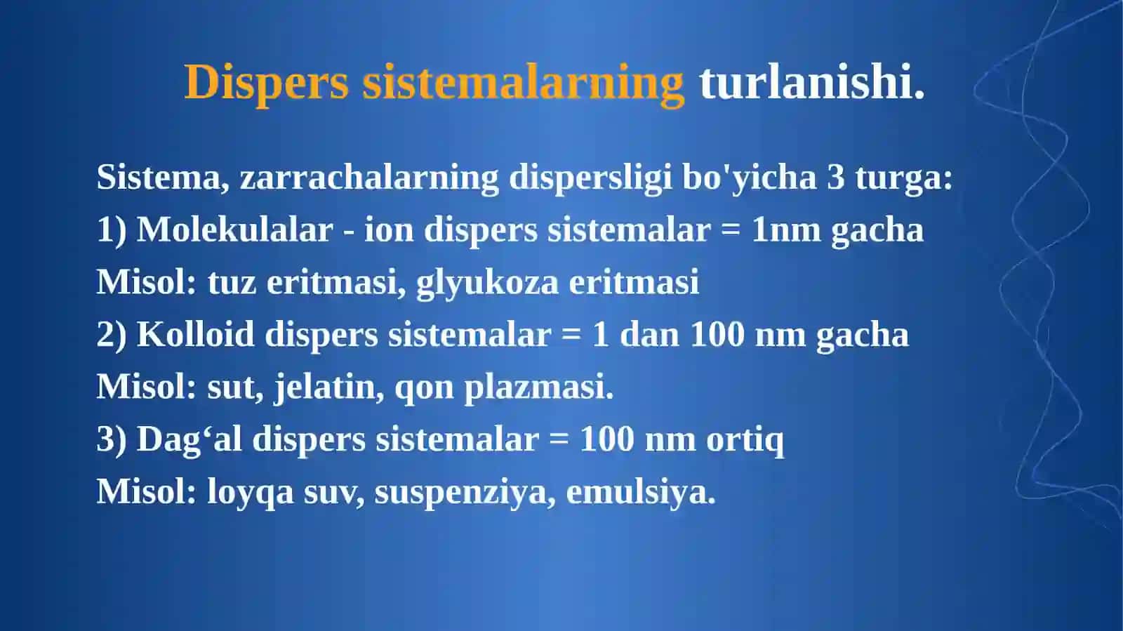Dispers sistemalar. Kolloid eritmalarning klassifikatsiyasi, tuzilishi, olinishi va tozalash usullari. Kolloid eritmalarni molekulyar kinetik  va spetsifik xossalari. Dagʻal dispers  sistemalar. 4