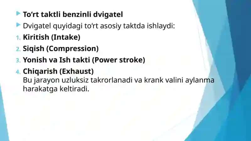 Benzinli dvigatellarning ishlash prinsipi va texnologiyasi 4