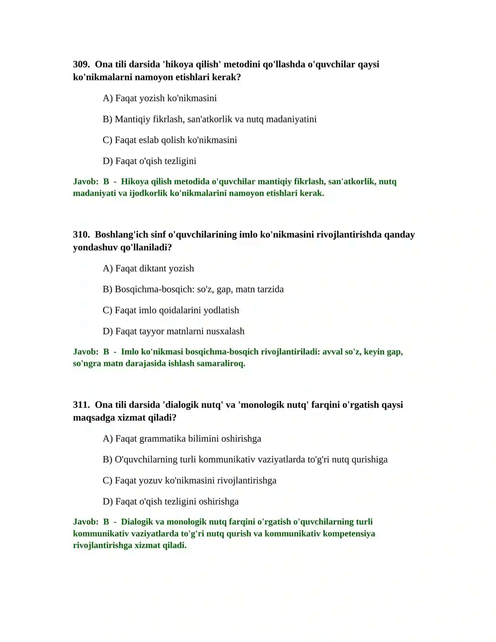 BOSHLANG'ICH TA'LIM O'QITUVCHISI TEST SINOVLARI 4
