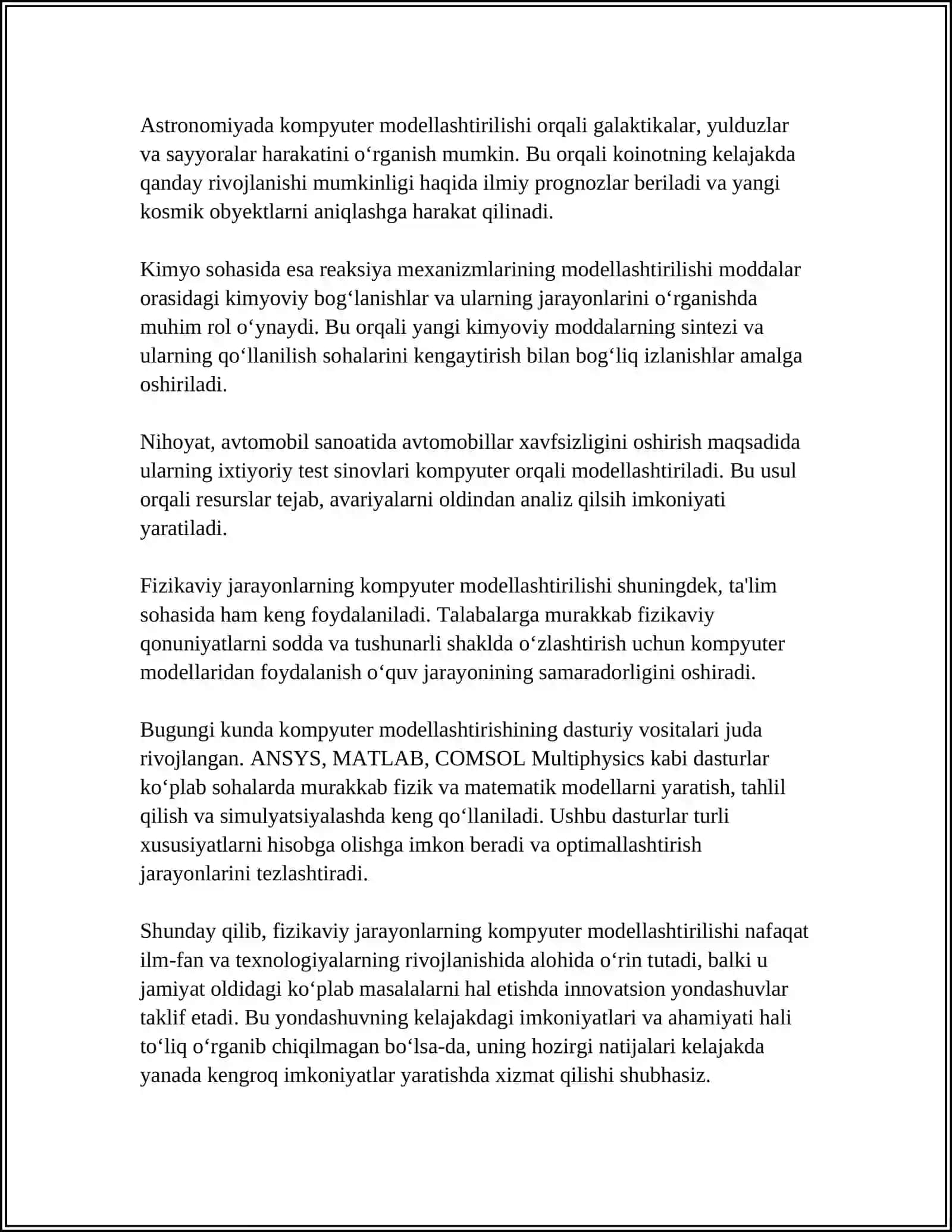 FIZIKAVIY JARAYONLARNI MODELLASHTIRISH IMKONIYATINI BERUVCHI DASTURIY VOSITALAR ORQALI FIZIKAVIY JARAYONLARNI MODELLASHTIRISH 4