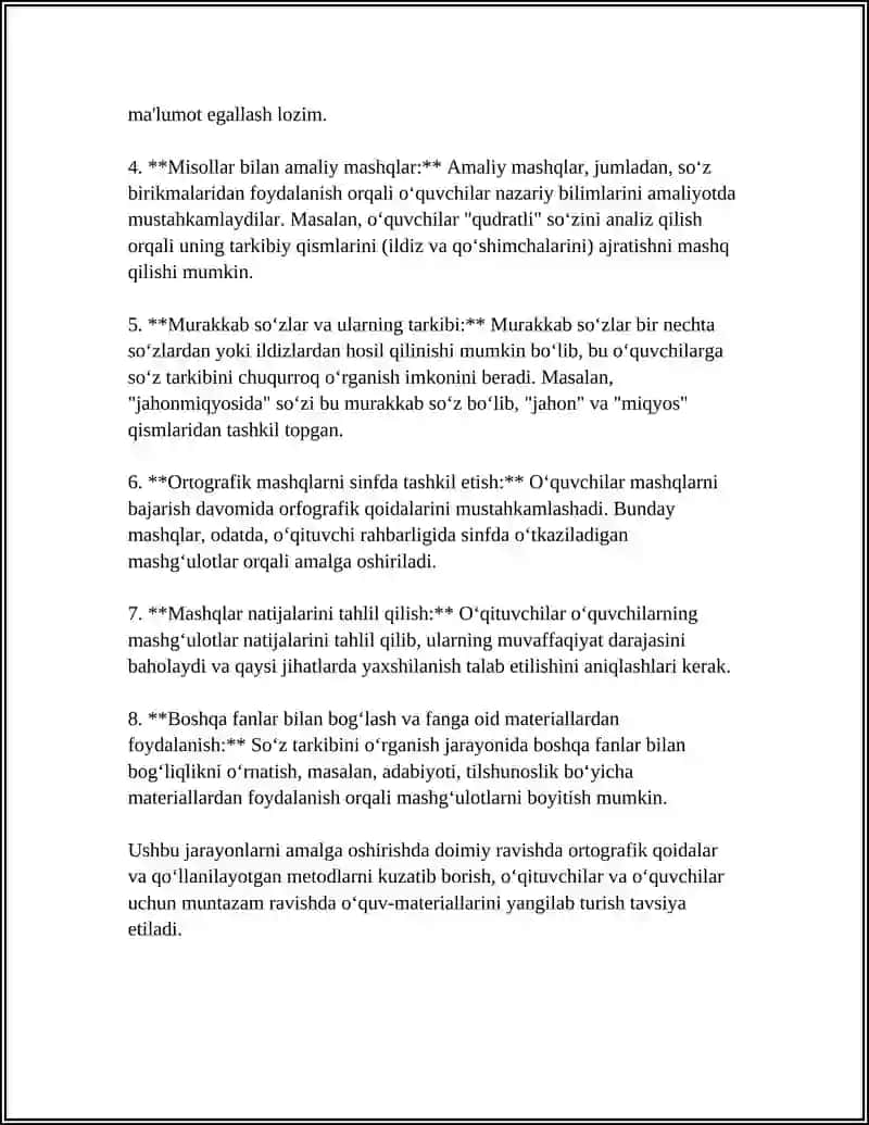SO`Z TARKIBINI ÒRGANISHDA ORFOGRAFIK MASHQLARNI TASHKIL ETISH 4