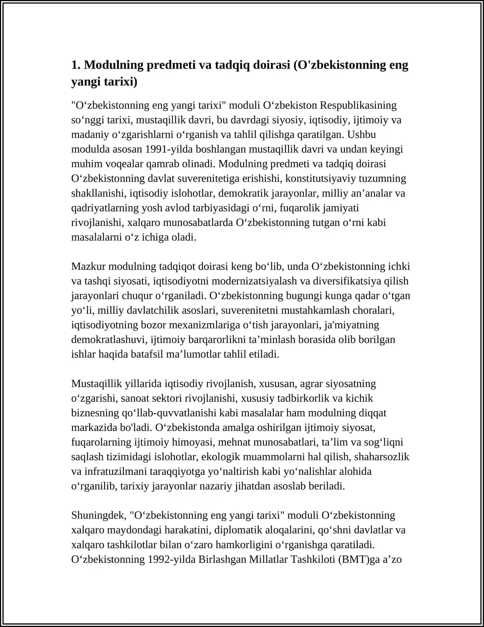 O'ZBEKISTONNING ENG YANGI TARIXI MODULI 4