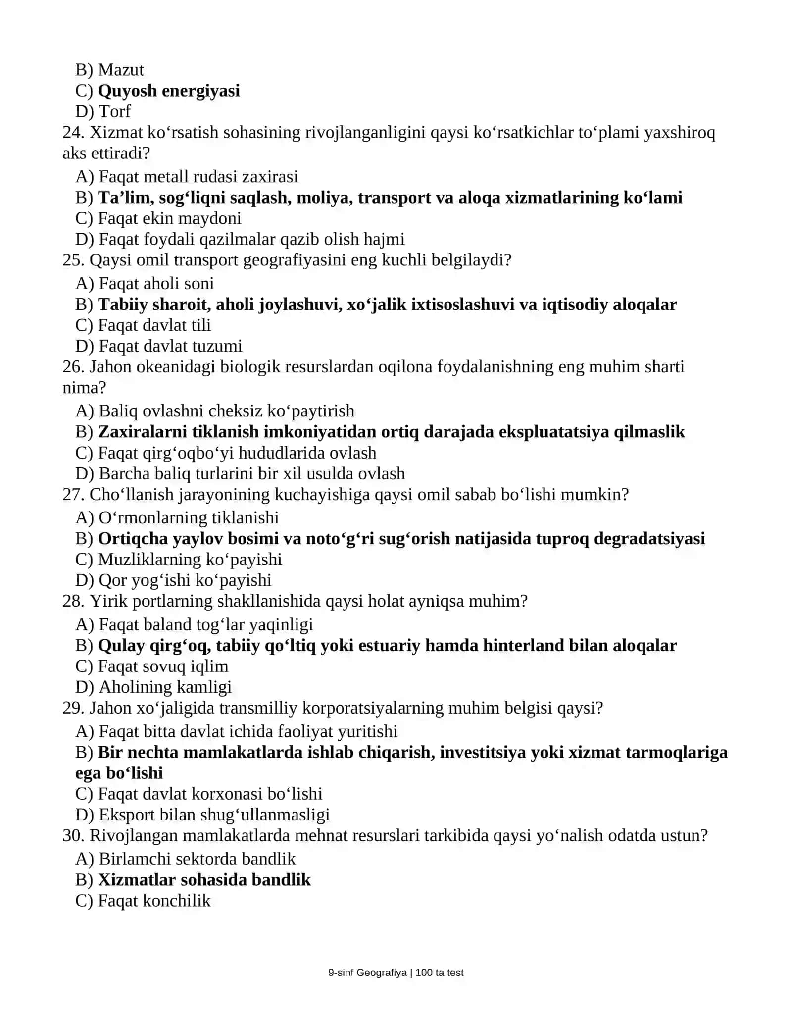 9-SINF GEOGRAFIYA FANIDAN 100 TA YANGI TESTLAR BANKI 4