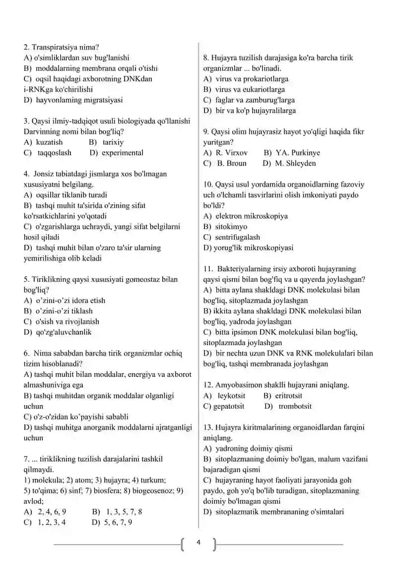 9-SINF BIOLOGIYA TESTLAR JAMLANMASI. 4