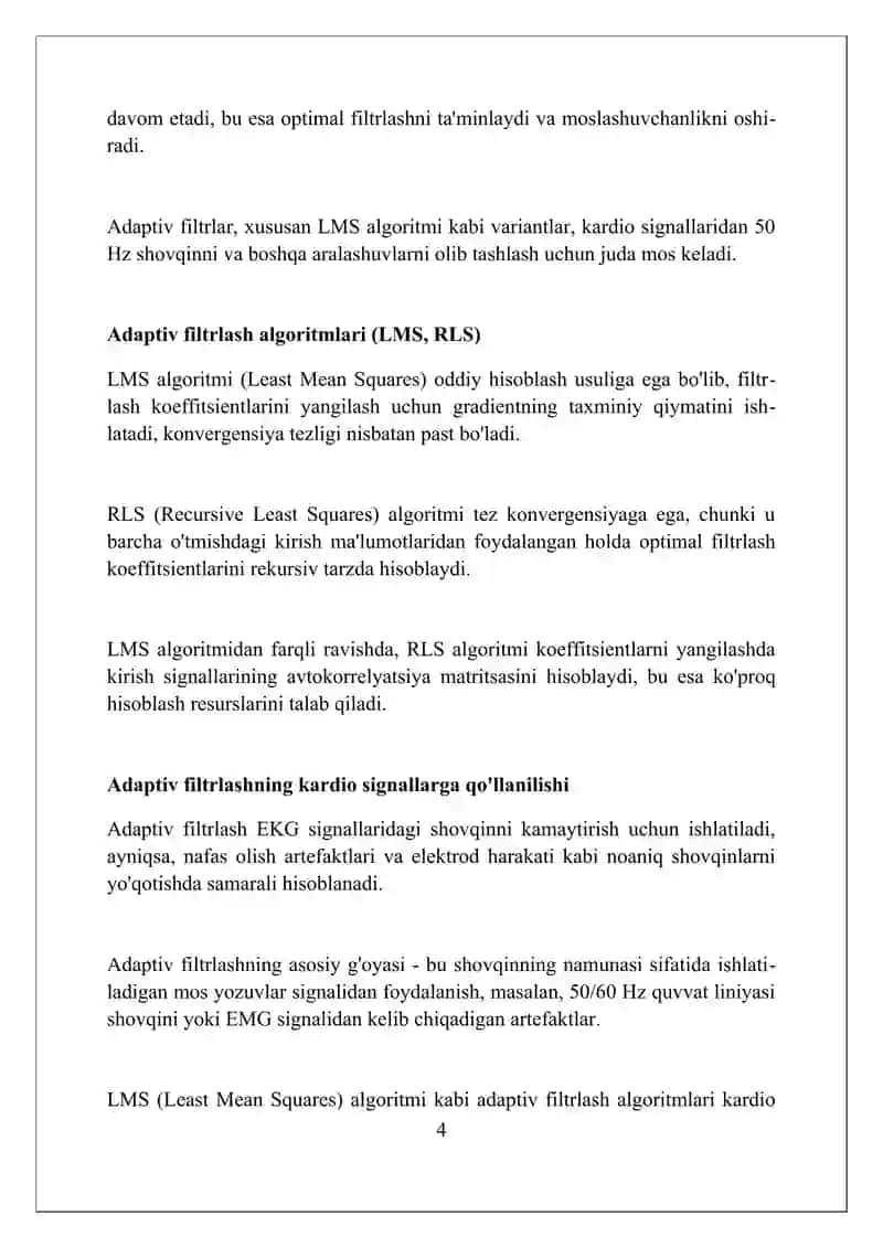 Yurak signallarini adaptiv filtrlash orqali artefaktlarni yo‘qotish 4
