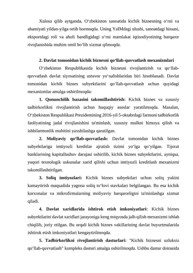 O‘zbekiston sanoatida kichik biznesni rivojlantirishni davlat tomonidan qo‘llab-quvvatlash 4