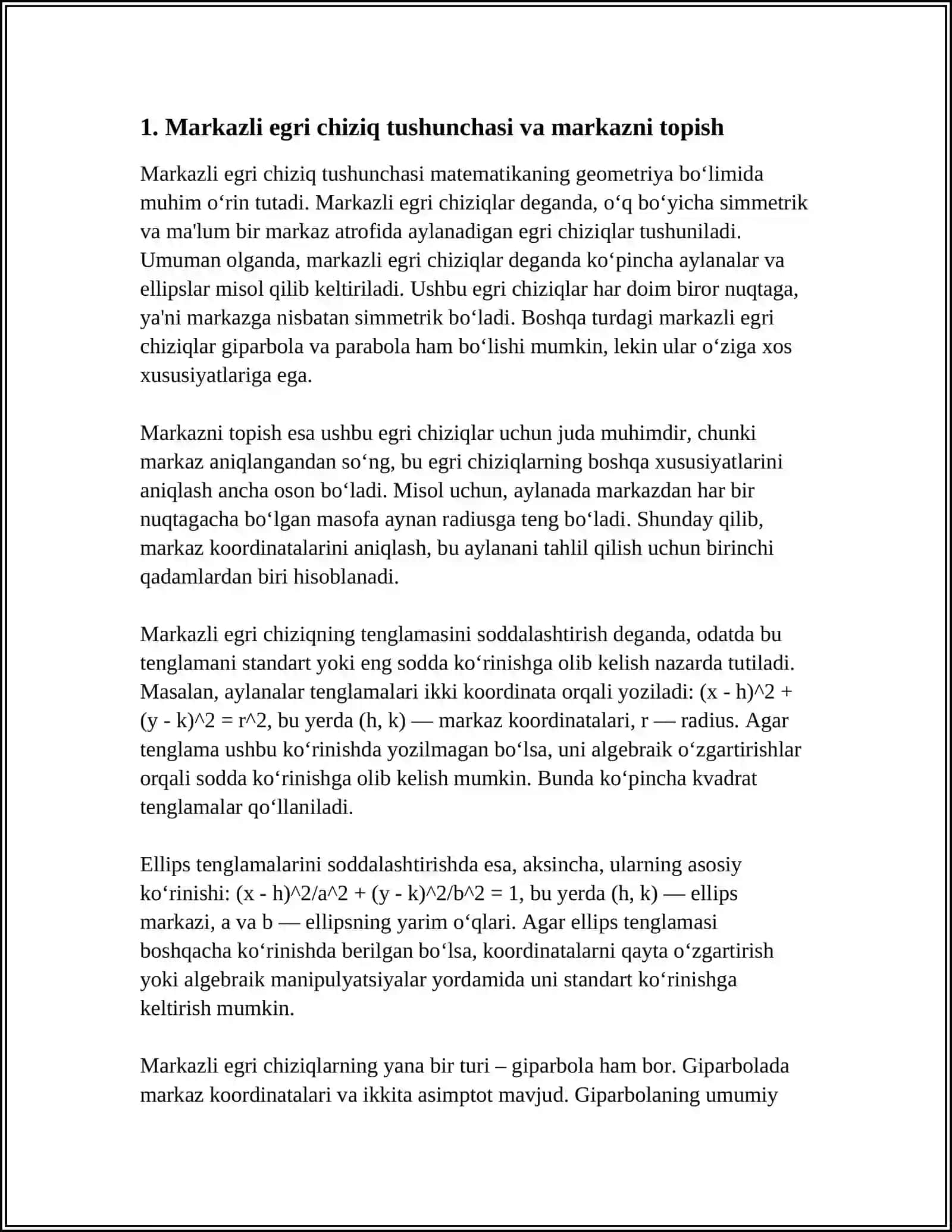 MARKAZLI EGRI CHIZIQNING TENGLAMASINI SODDALASHTIRISH 4