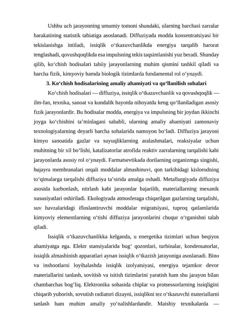 Koʻchish hodisalari. (Diffuziya, issiqlik oʻtkazuvchanlik va qovushqoqlik) 4