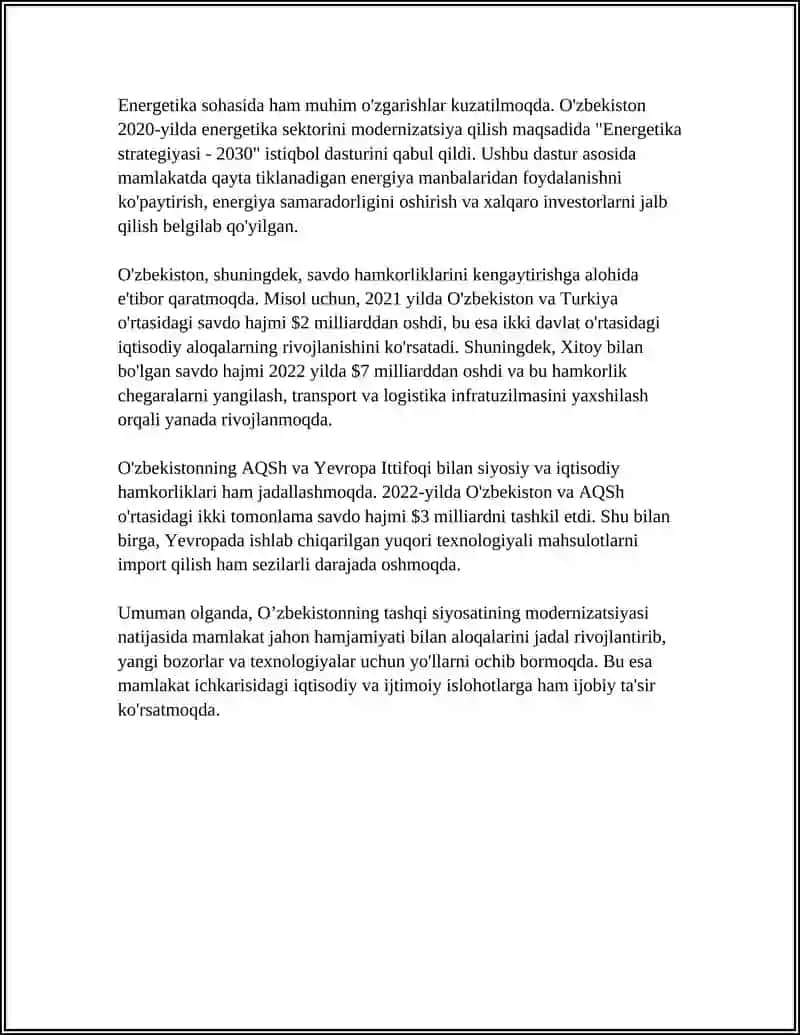 O‘zbekiston va Jahon Hamjamiyati Referat 4