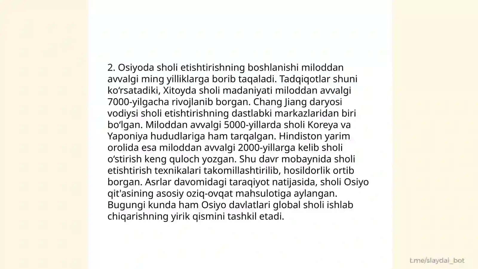 Sholi ekinini kelib chiqishi tarixi va tarqalishi 4