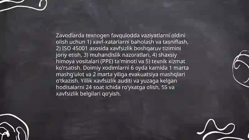 Texnogen xususiyatli favquloddavaziyatlarni oldini olish chora tadbirlari 4