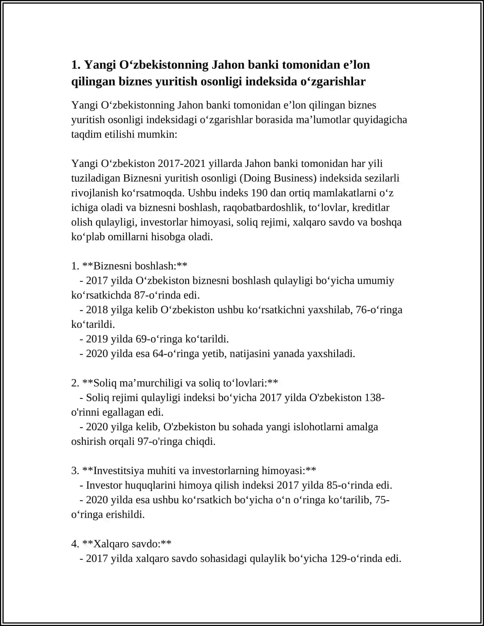 YANGI OʻZBEKISTON IJTIMOIY-SIYOSIY IQTISODIY VA MADANIY HAYOTIDA ROʻY BERAYOTGAN OʻZGARISHLARNING XALQARO REYTING VA INDEKSLARDA AKS ETISHI 4