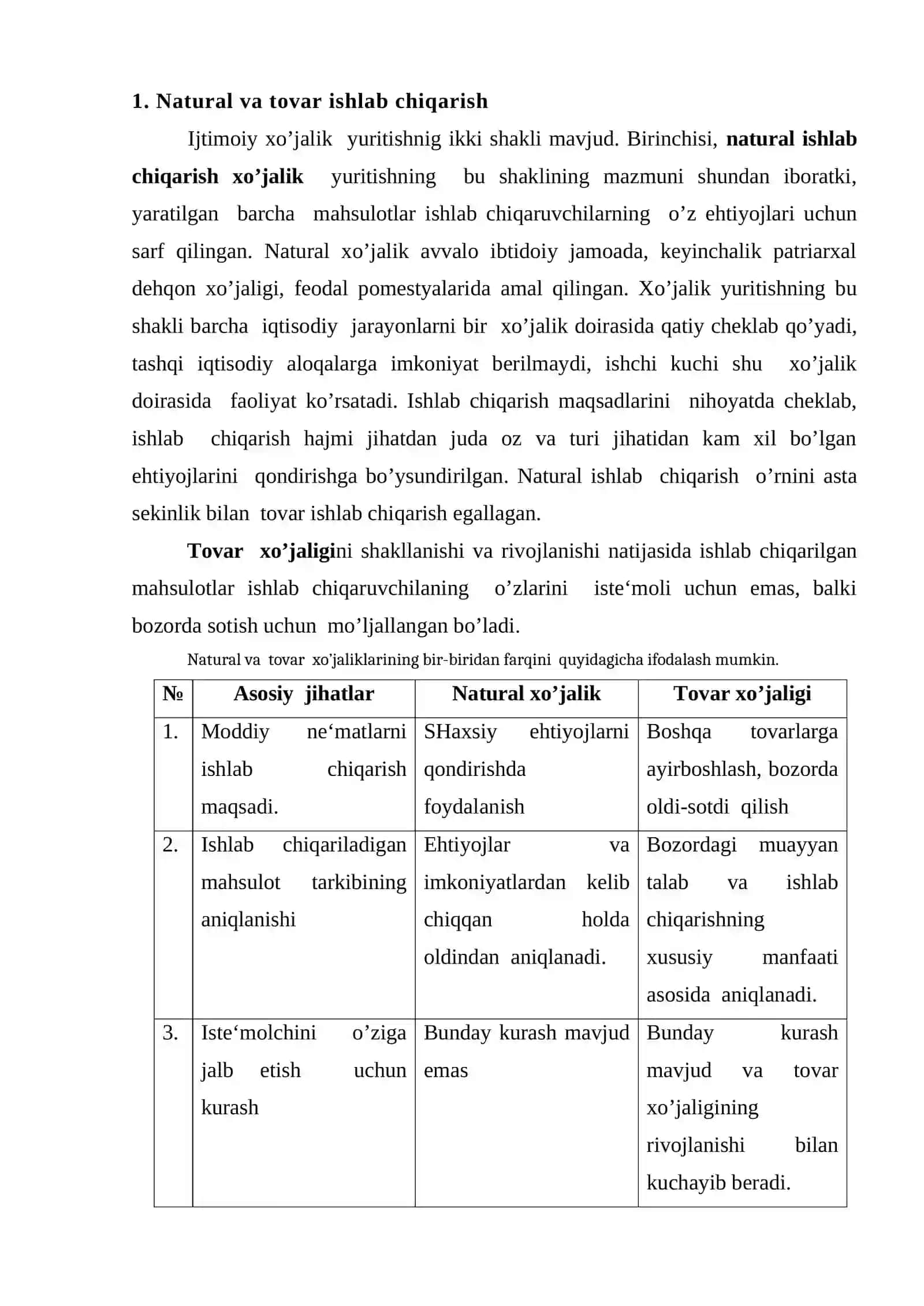 Natural va tovar ishlab chiqarish va uning turkumlanishi 4