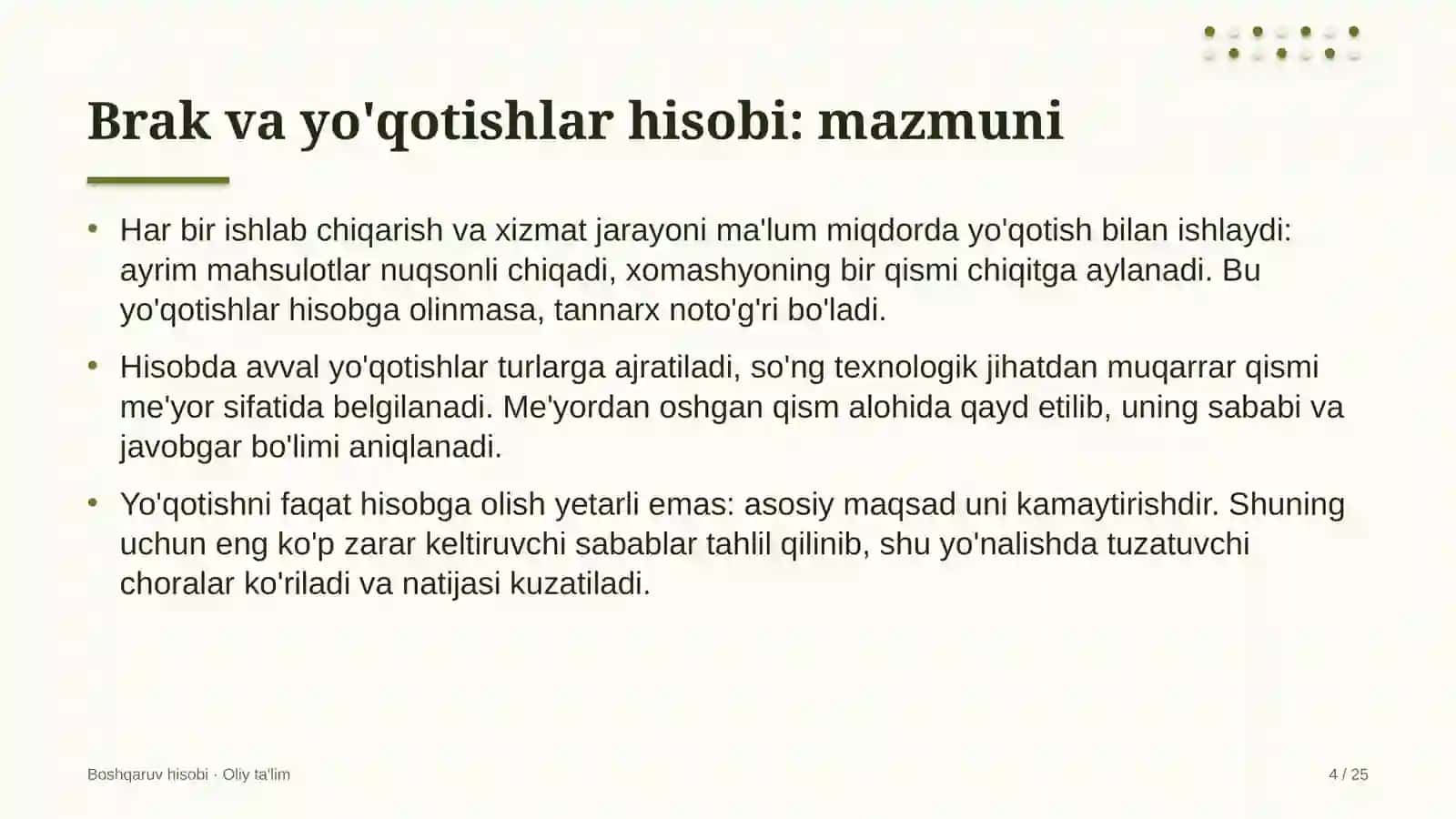 un yorma sanoatida yo'qotish va brakdan zararlarni hisobga olish 9690 4