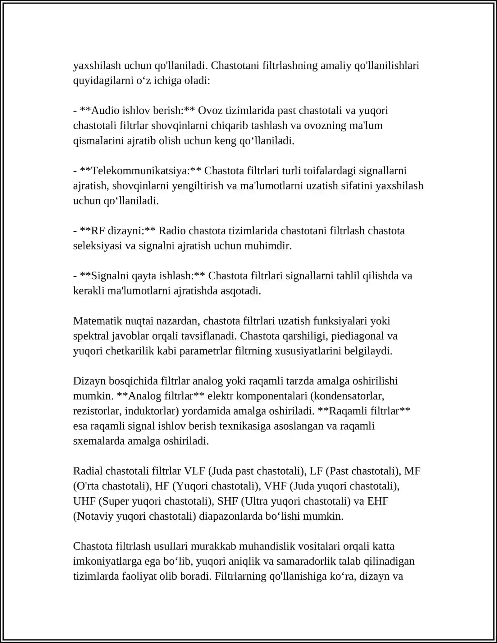 KANAL SIGNALLARINI AJRATISH USULLARI: CHASTOTA BOʻYICHA AJRATISH USULI 4