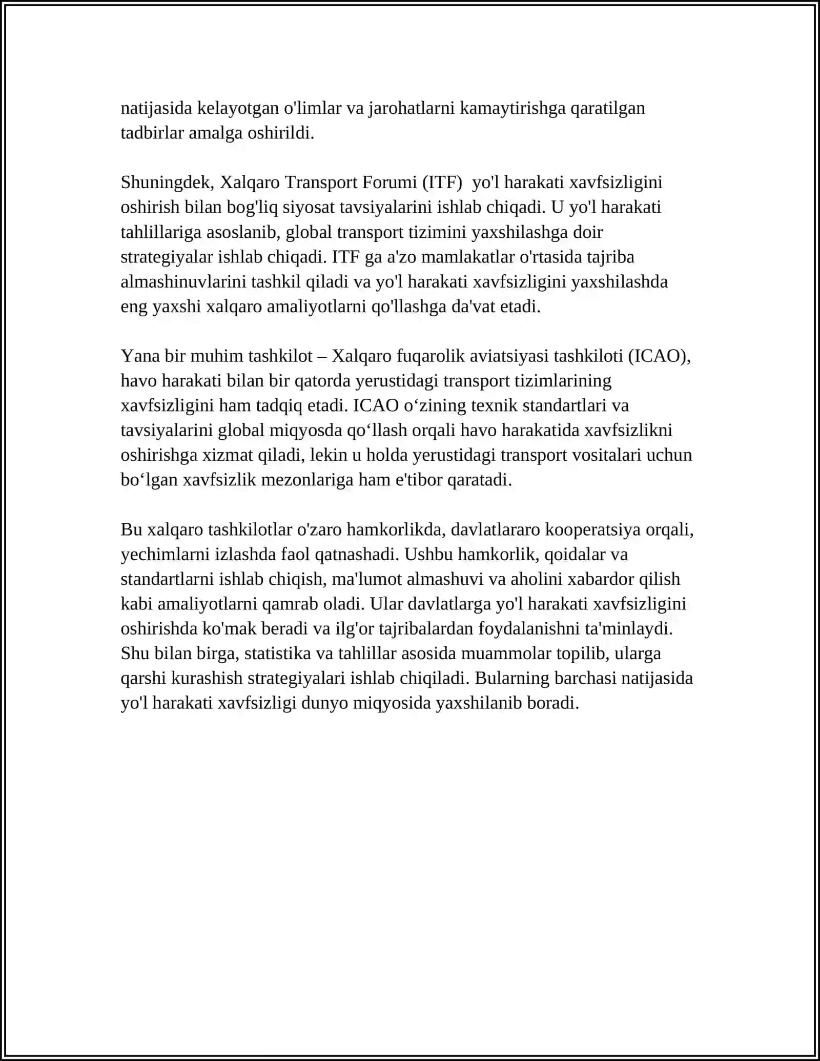XALQARO TASHKILOTLARNING YO'L XARAKATI XAVFSIZLIGINI TARTIBGA SOLISHDAGI RO'LI VA VAKOLATLARI 4