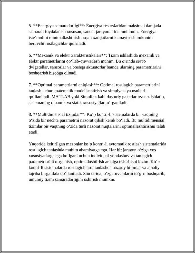 KOʻP KONTRLI AVTOMATIK ROSTLASH SISTEMALARI ROSTLAGICHLARINI TANLASH 4