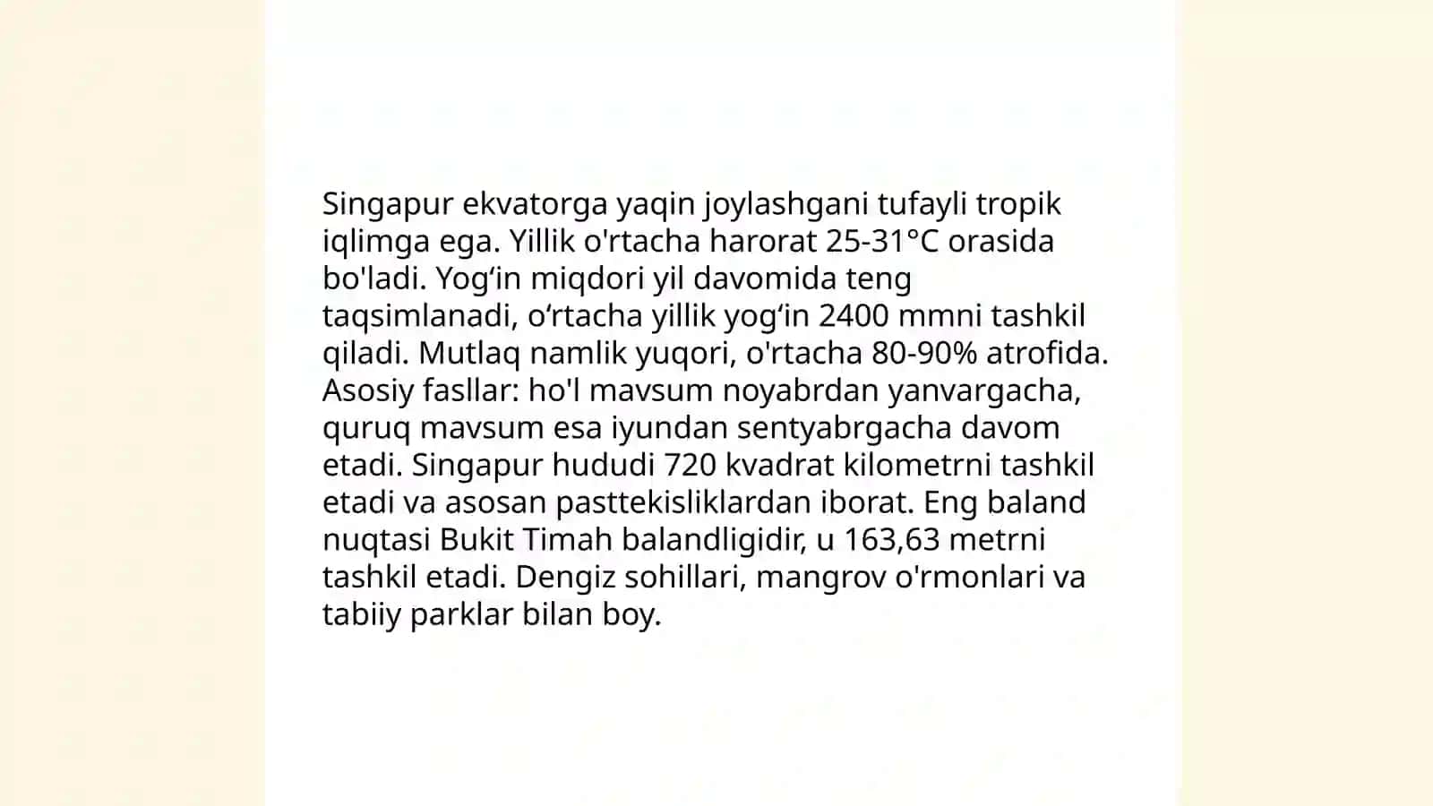 Singapurning geografik oʻrni, tabiiy sharoiti va tabiiy resurslari 4
