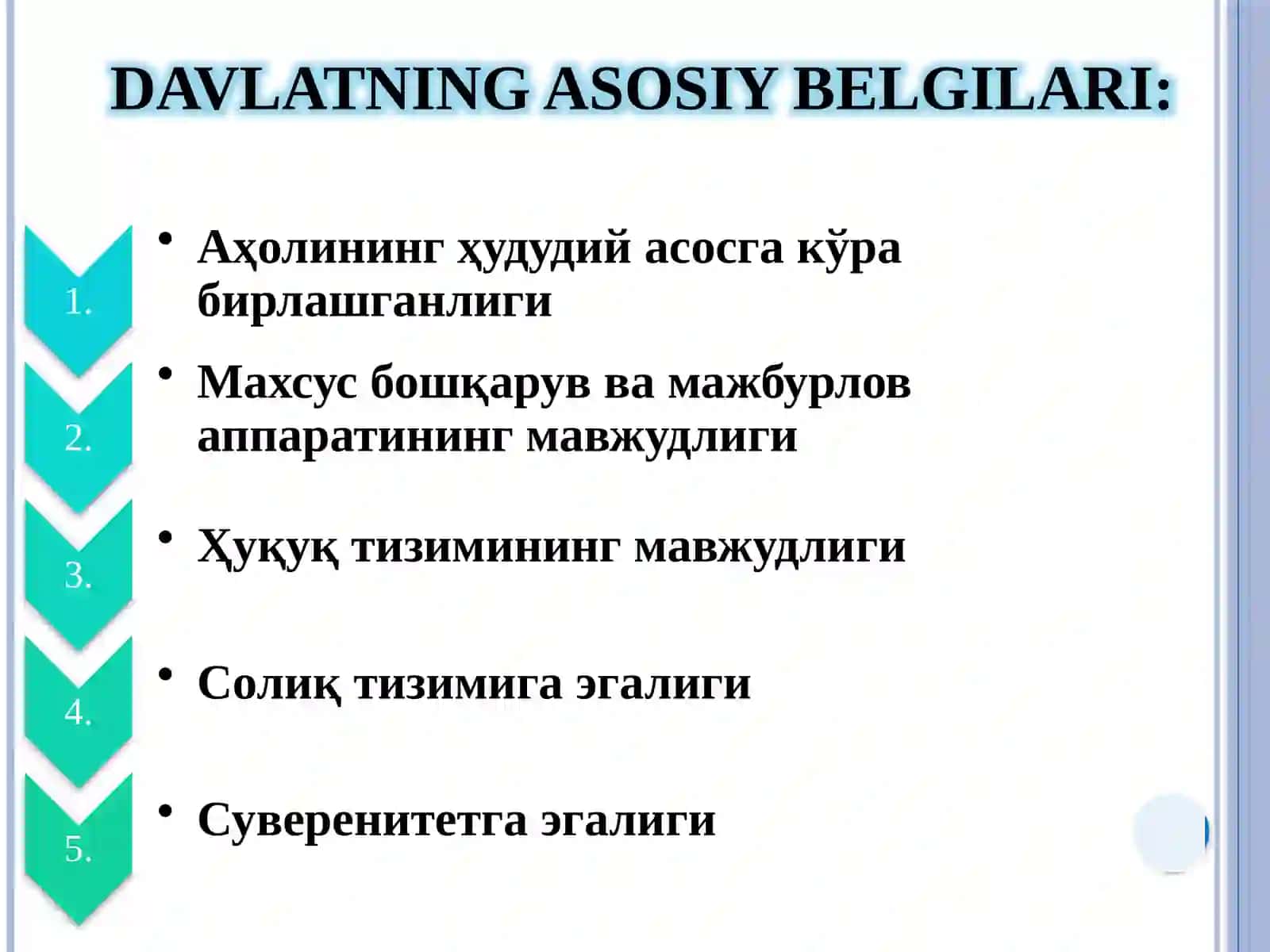 Davlat Tushunchasi,Belgilari,MohiyatiVaTiplari 4