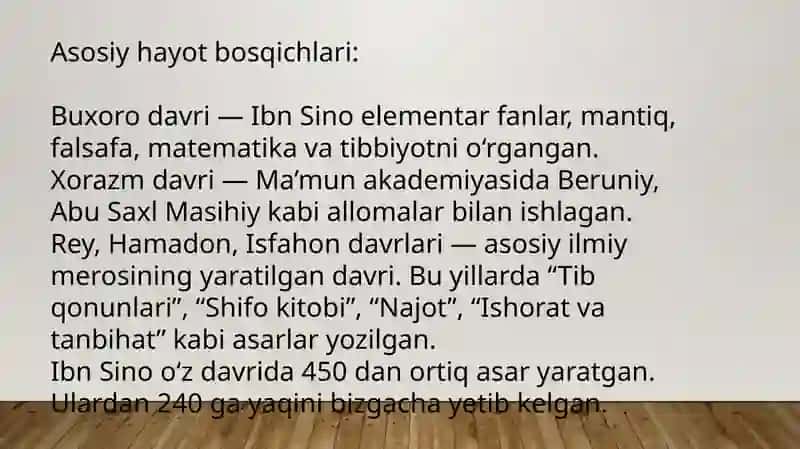 Abu Ali Ibn Sino ijodi va faoliyati. "Tib qonunlari" asarining olamshumul ahamiyati. Abu nasr Forobiy asarlarini oʻrganishning dolzarbligi 4