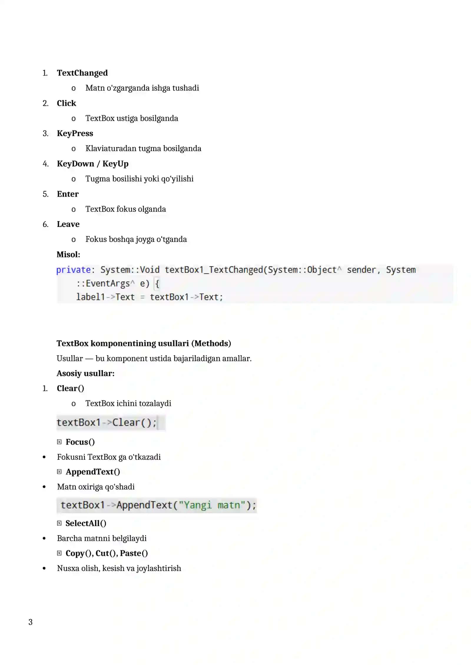 VC++ dasturlash muhitining komponentlari. TextBox komponenti. TextBox ning xossalari, hodisalari va usullari 4