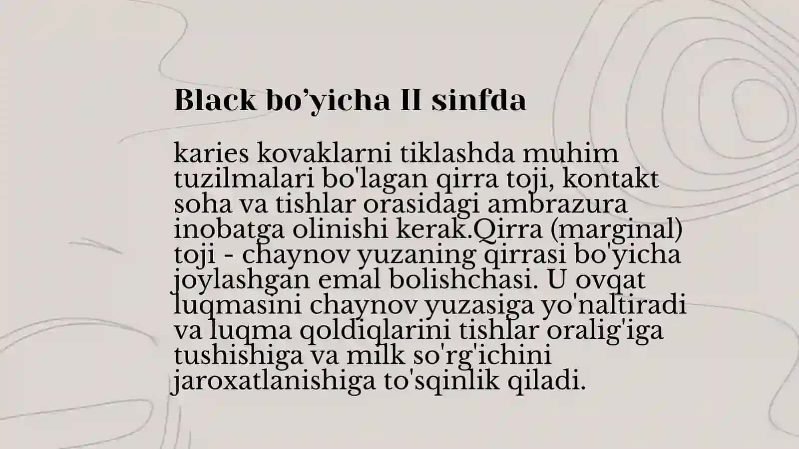 BLEK BO'YICHA II SINF KARIES KOVAGINI CHARXLASH USULLARI 4