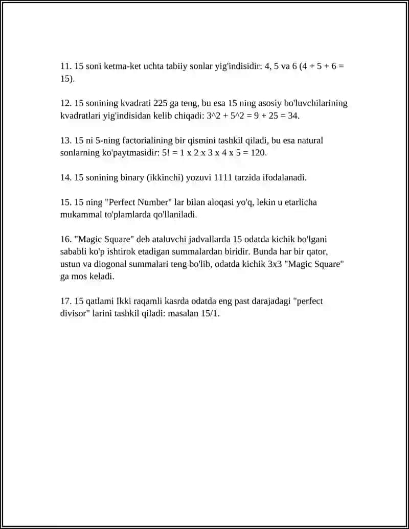 15 raqamining matematik xususiyatlari 4