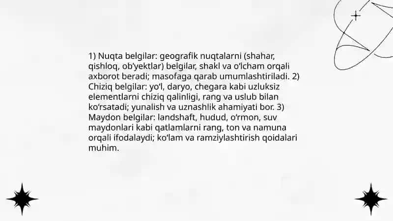 Xaritalardagi shartli belgilar, ularni turlari va xususiyatlari 4
