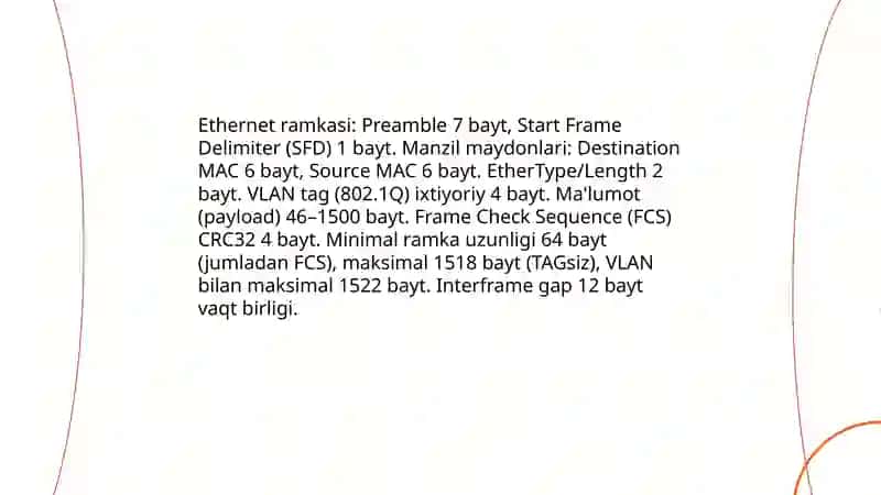 Lokal tarmoq texnologiyalari: Ethernet. Fast Ethernet, Token Ring texnologiyalari, HTTP protokoli. IP-manzilash. Salimova Dilnura 4