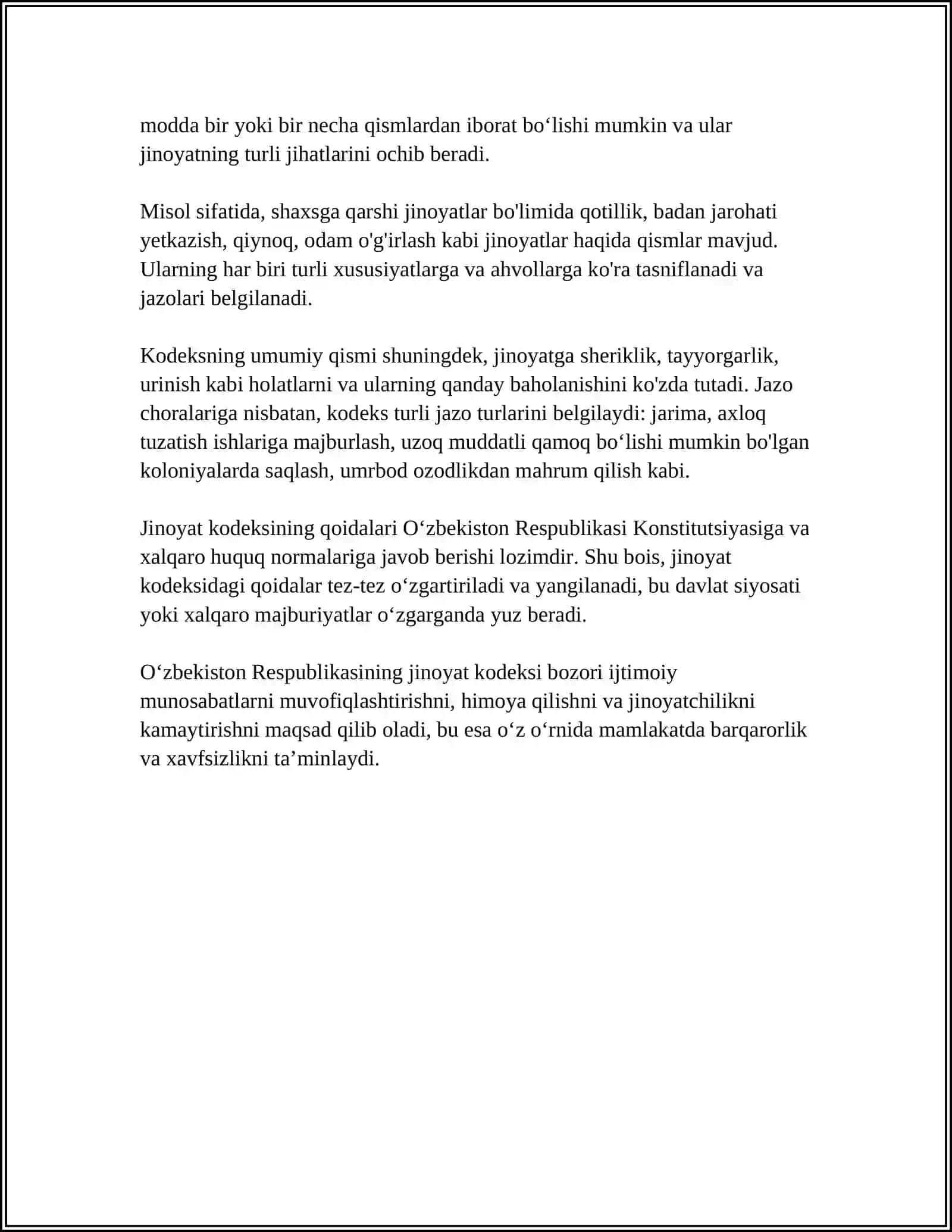 OʻZBEKISTON RESPUBLIKASI JINOYAT KODEKSIDAGI JINOYATLARNI TASNIFLASH VA UNING OLDINI OLISH 4