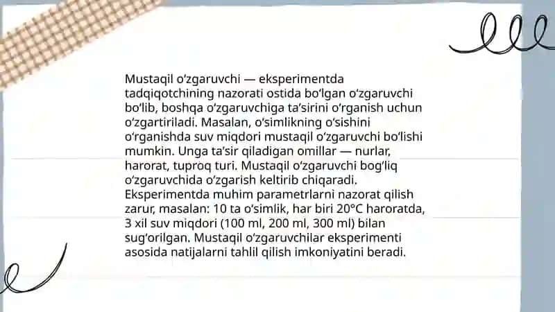 Eksperimental tanlov. Eksperimental oʻzgaruvchilar va ularni nazorat qilish usullari 4
