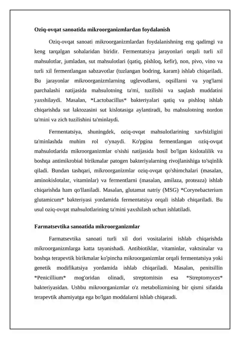 Mikroorganizmlardan sanoatda foydalanish 4