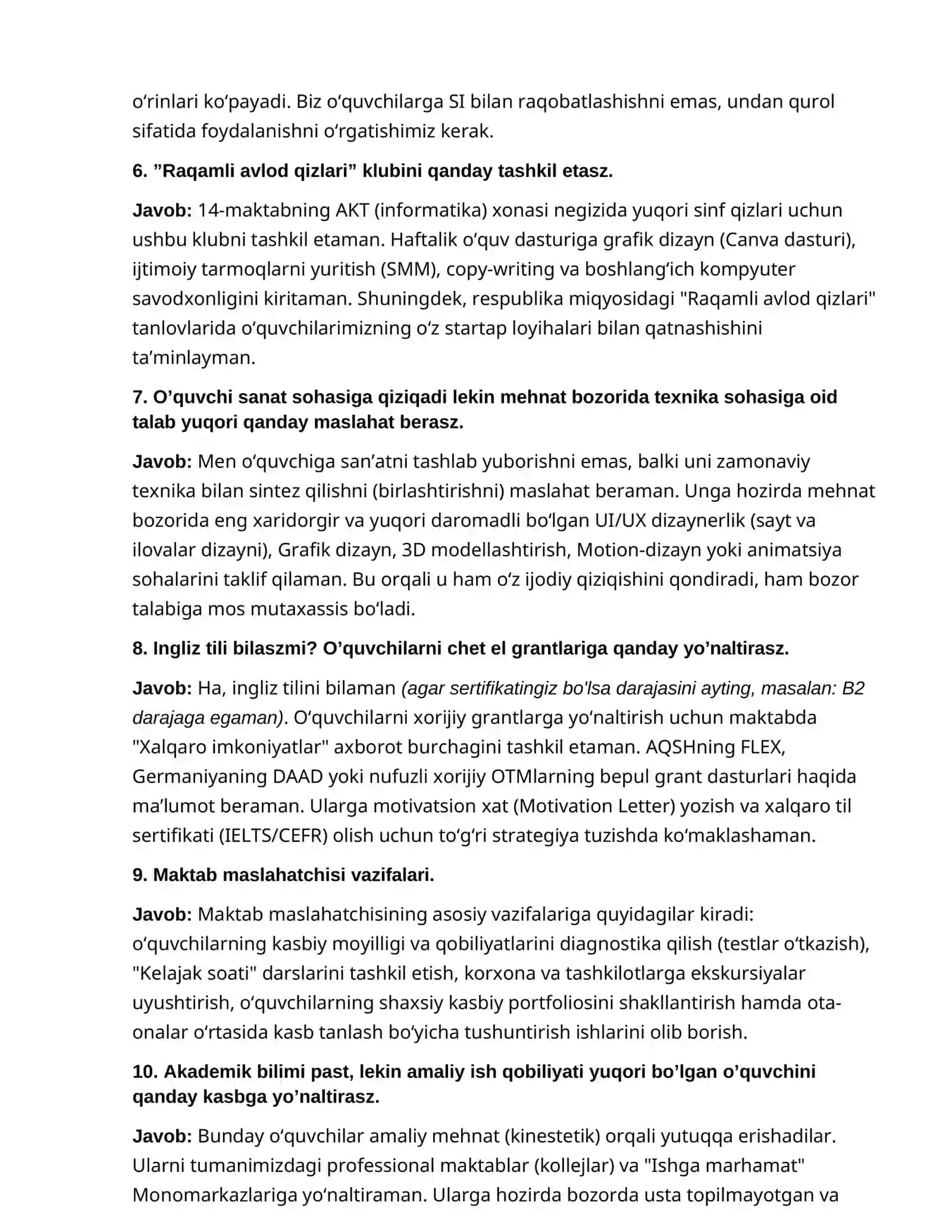 MAKTAB MASLAHATCHISI LAVOZIMIGA ISHGA KIRISH TEST SINOVlARI 4