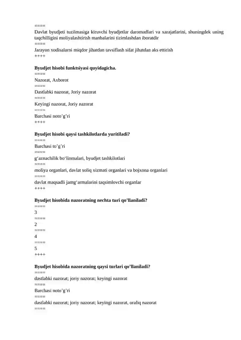 Byudjet hisobi fanidan testlar Yakuniy 4