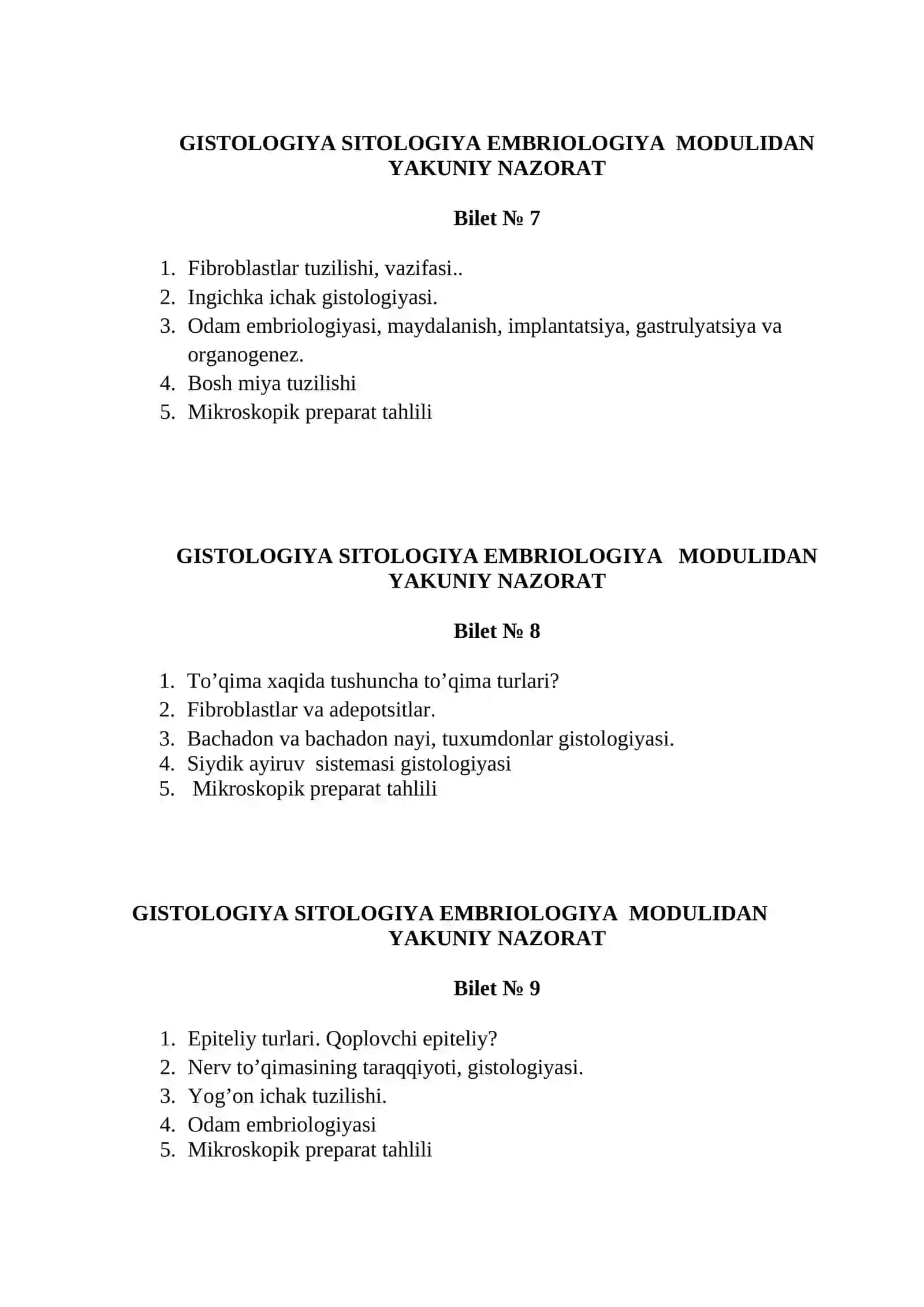 GISTOLOGIYA SITOLOGIYA EMBRIOLOGIYA MODULIDAN YAKUNIY NAZORAT 4