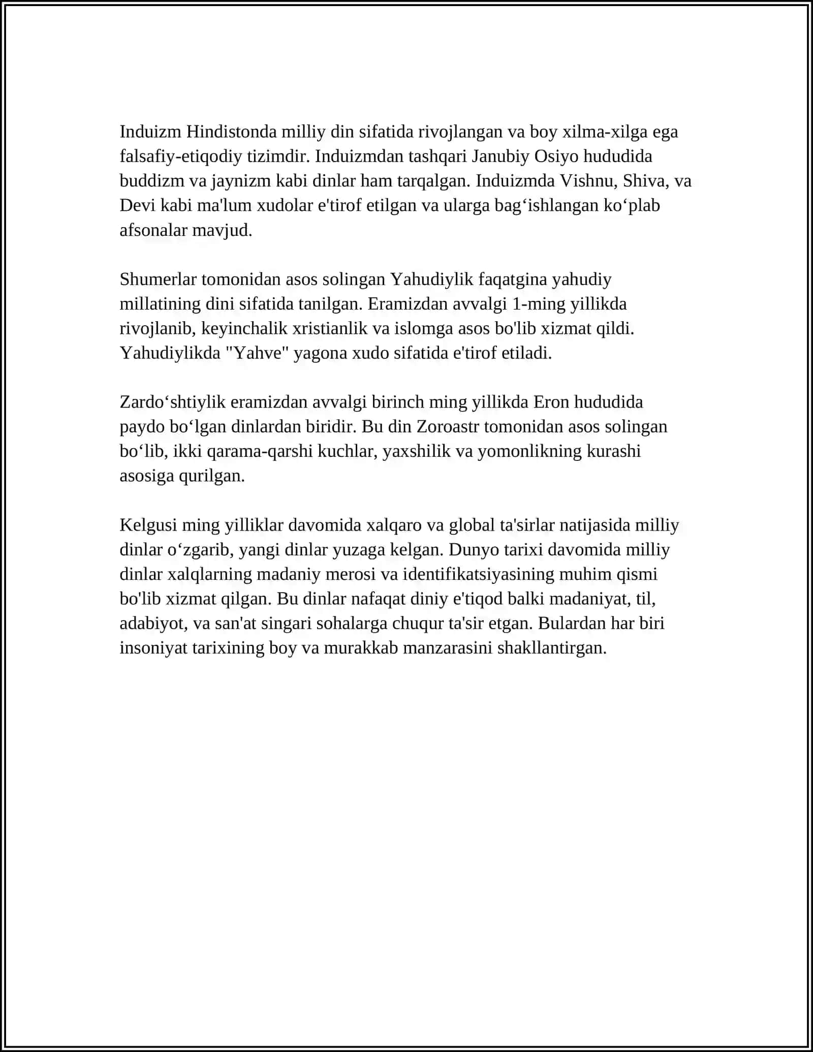 MUSTAQIL ISH Mavzu: MILLIY DINLAR 4